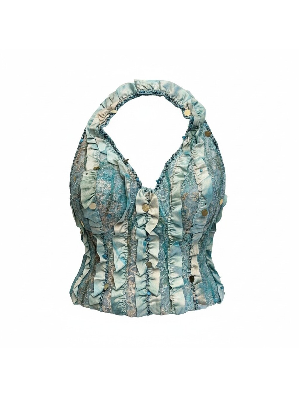 VINTAGE AQUA BLUE RUFFLED HALTER BUSTIER TOP